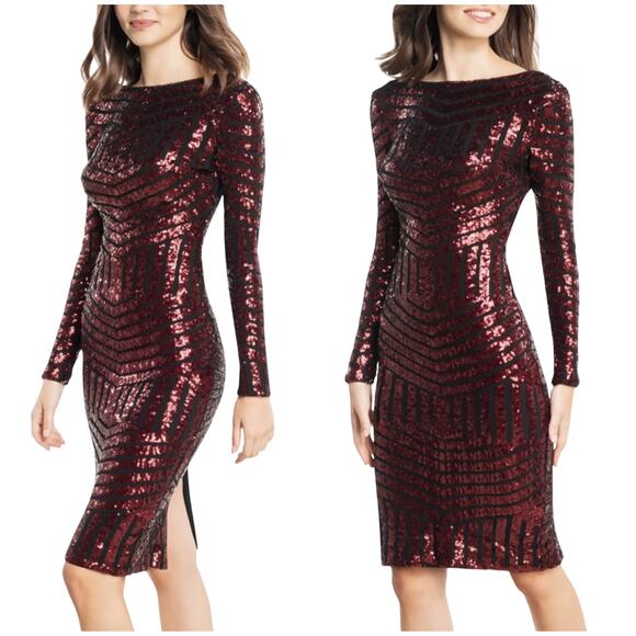 Dress The Population NWT Emery Long Sleeve Sequin Cocktail Dress Size L Berry - Picture 2 of 12